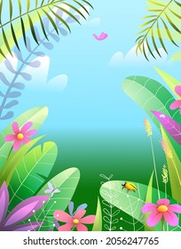 Tropical nature paradise background cartoon. Peaceful and serene summer landscape with leaves flowers and blue sky. Jungle dense nature frame. Vector illustration in watercolor style.