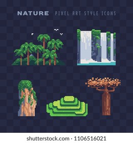 Tropical nature pixel art icon set. Waterfall landscape, baobab tree, terraced rice fields and paradise island isolated vector illustration. 8-bit sprite. Design for stickers, logo, app, embroidery.