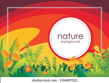 Tropical nature plants vector, with abstract background, red, brown and yellow color combination, beautiful of a of tropical plants, trees and grass. 
