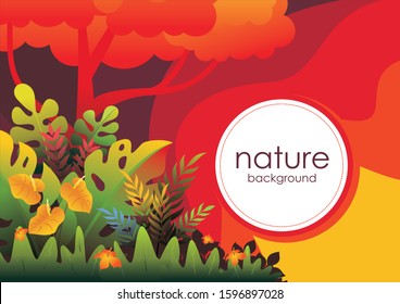 Tropical nature plants vector, with abstract background, red, brown and yellow color combination, beautiful of a of tropical plants, trees and grass. 
