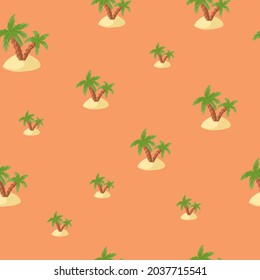Tropical nature seamless pattern with green palms and island shapes. Pastel pink background. Designed for fabric design, textile print, wrapping, cover. Vector illustration.