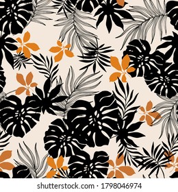 Tropical nature seamless pattern. Hand drawn tropical summer background: palm, monstera leaves in silhouette, line art styles. Vector tropics illustration in black, white, golden colors