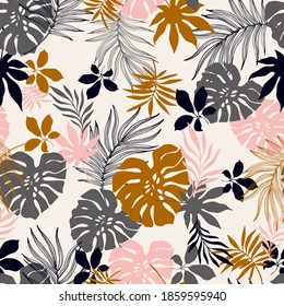 Tropical nature seamless pattern. Hand drawn tropical summer background: palm, monstera leaves in silhouette, line art styles. Vector tropics illustration in black, white, golden colors