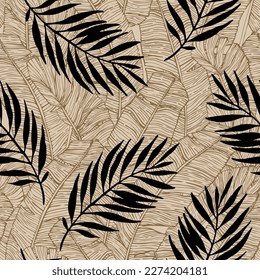 Tropical nature seamless pattern. Hand drawn palm leaves silhouettes and banana line art of background Vector art illustration for summer design, floral prints, wallpaper, textile, fabric