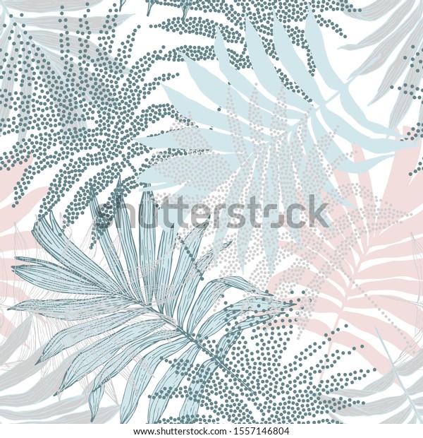 Tropical nature seamless pattern. Hand drawn silhouettes, line art, half tones of palm leaves background for textile, fabric, wallpaper. Vector art illustration in retro pastel colors