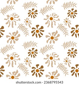 Tropical nature seamless pattern hand-drawn plants, simple small flowers. Flowers Branches and Leaves Repeating Seamless pattern hand-drawn with tropical leaves. floral seamless pattern with leaves