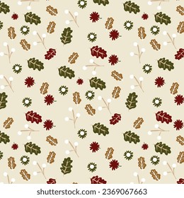 Tropical nature seamless pattern hand-drawn plants, simple small flowers. Flowers Branches and Leaves Repeating Seamless pattern hand-drawn with tropical leaves. floral seamless pattern with leaves