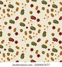 Tropical nature seamless pattern hand-drawn plants, simple small flowers. Flowers Branches and Leaves Repeating Seamless pattern hand-drawn with tropical leaves. floral seamless pattern with leaves