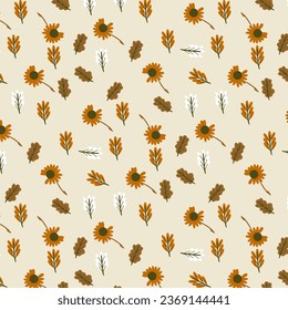 Tropical nature seamless pattern hand-drawn plants, simple small flowers. Flowers Branches and Leaves Repeating Seamless pattern hand-drawn with tropical leaves. floral seamless pattern with leaves