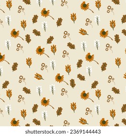 Tropical nature seamless pattern hand-drawn plants, simple small flowers. Flowers Branches and Leaves Repeating Seamless pattern hand-drawn with tropical leaves. floral seamless pattern with leaves
