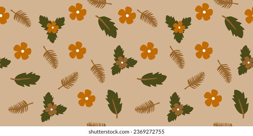 Naturaleza tropical sin fisuras de las plantas dibujadas a mano, flores pequeñas simples. Flores Ramificaciones y hojas que repiten patrón sin foco dibujado a mano con hojas tropicales. patrón floral sin soldadura con hojas