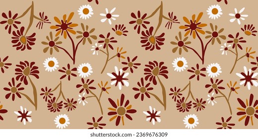 Tropical nature seamless pattern hand-drawn plants, simple small flowers. Flowers Branches and Leaves Repeating Seamless pattern hand-drawn with tropical leaves. floral seamless pattern with leaves