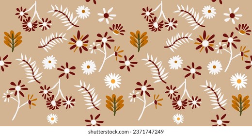 Tropical nature seamless pattern hand-drawn plants, simple small flowers. Flowers Branches and Leaves Repeating Seamless pattern hand-drawn with tropical leaves. floral seamless pattern with leaves