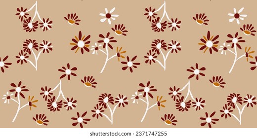 Tropical nature seamless pattern hand-drawn plants, simple small flowers. Flowers Branches and Leaves Repeating Seamless pattern hand-drawn with tropical leaves. floral seamless pattern with leaves