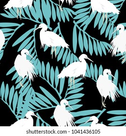 Tropical Nature Seamless Pattern with Pelicans and Flowers. Floral Background with Waterbirds for Fabric, Textile,