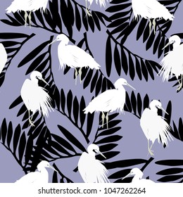 Tropical Nature Seamless Pattern with Pelicans and Flowers. Floral Background with Waterbirds for Fabric, Textile,