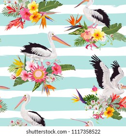 Tropical Nature Seamless Pattern with Pelicans and Flowers. Floral Background with Waterbirds for Fabric, Textile, Wallpaper. Vector illustration