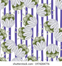 Tropical nature seamless pattern with random decorative folk flower elements. Purple and white striped background. Great for fabric design, textile print, wrapping, cover. Vector illustration.