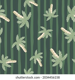 Tropical nature seamless pattern with random palm tree elements. Green striped background. Doodle shapes. Designed for fabric design, textile print, wrapping, cover. Vector illustration.