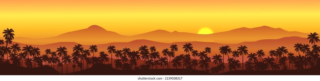 tropical nature sunset background with coconut trees and mountains