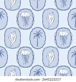 Tropical nautical pattern, summer Italy vacation mood. Retro palm trees, sardines, jellyfish in the frames. Mediterranean wallpaper, cute hand drawn design, textile, blue background