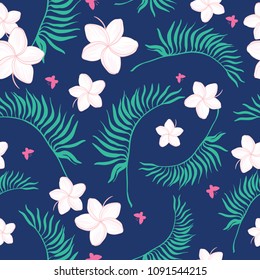 Tropical navy and pink flowers seamless pattern. Great for summer exotic wallpaper, backgrounds, packaging, fabric, and giftwrap projects. Surface pattern design.