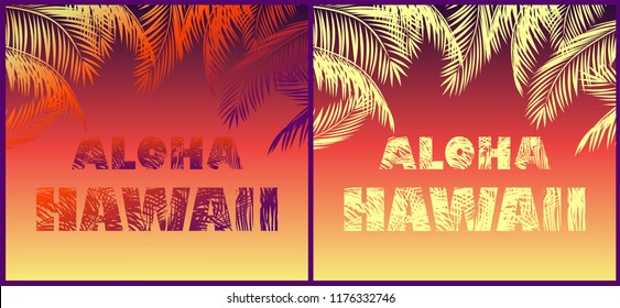 Tropical neon backgrounds with floral Aloha Hawaii lettering and palm leaves silhouettes for t shirt, party poster and other design