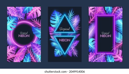 Tropical neon card template set, vector isolated illustration. Abstract composition of different neon frames and exotic palm tree, monstera, jungle plant leaves.