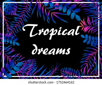 Tropical neon floral background with jungle palm leaves