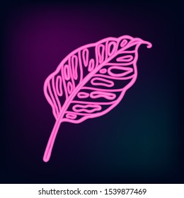 Tropical neon leaf. Vector isolated illustration on dark background.