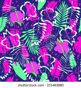 Tropical neon palm leafs pattern.Colorful Nature seamless background.