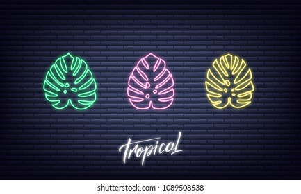 Tropical Neon Palm Leaves. Glowing Sign Of Monstera Exotic Leaves