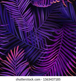 La Palm Neon Tropical Deja Un Patrón Sin Precedentes. Fondo Floral De Color Púrpura Jungla. Diseño botánico exótico de verano con plantas tropicales para tela, textil de moda, papel tapiz. Vector