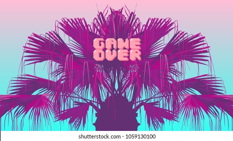 Tropical neon pink chinese fan palm tree mirror left and right, surreal beach background with 8bit "game over" text. modern vintage/ retro futuristic vaporwave background