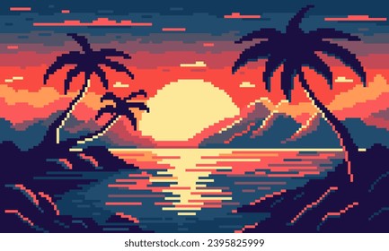 Tropical neon pixel bay with palm trees background. Colorful 8bit sea with waves and sun setting behind mountains and clouds in 80s synthwave vector style