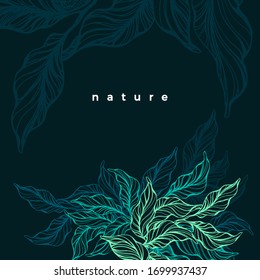 Tropical neon plant. Vector hand drawn green leaf, fresh foliage. Art sketch. Dark night, exotic land. Abstract texture background. Wild jungle. Graphic illustration