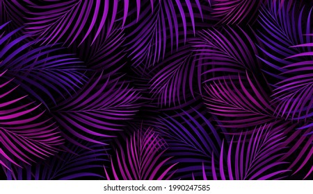 Tropical Neon Purple Palm Leaves Pattern. Jungle Background. Summer Exotic Botanical Foliage Design with Tropic Plants. Vector illustration.