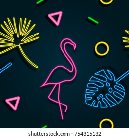 Tropical neon seamless pattern. Neon light banner. Fashion print for design.