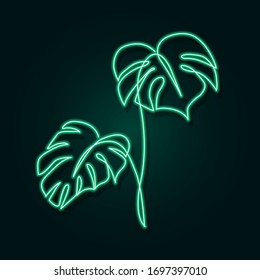 Tropical Neon Sign Palm Leaves. Glowing Sign Of Monstera Exotic Leaves. 