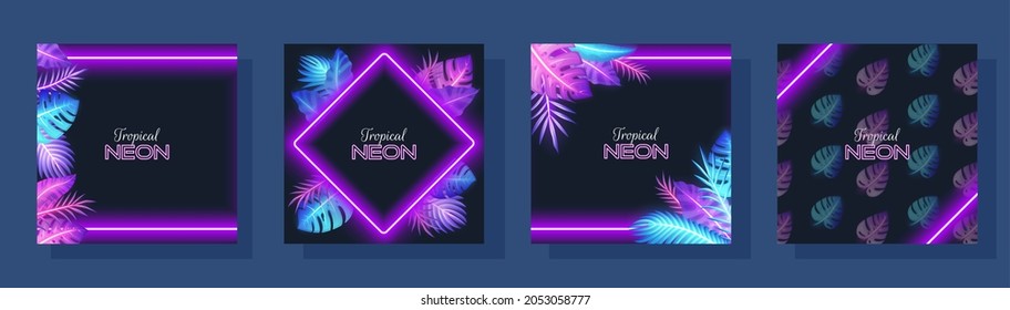 Tropical neon social media stories, social network pages, banners templates, vector illustration. Jungle leaves frames, neon light design.