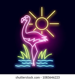 Tropical Neon Tube Light With A Pink Flamingo, Sea And Sun. Layered Vector Illustration