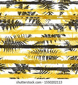 Tropical new zealand fern frond and bracken grass overlaying stripes vector seamless pattern. Hawaiian jungle foliage clothing fabric print. Tropical leaves and stripes seamless.