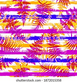 Tropical new zealand fern frond and bracken grass overlapping stripes vector seamless pattern. Caribbean forest foliage swimwear textile print. Stripes and tropical leaves illustration.