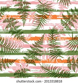 Tropical new zealand fern frond and bracken grass overlaying stripes vector seamless pattern. Brazilian jungle foliage clothing fabric print. Tropical leaves and stripes seamless.