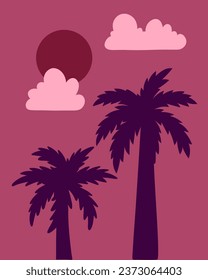 Tropical night background with palm tree, moon, clouds