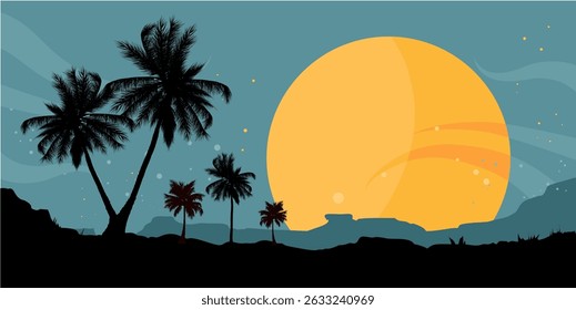 Tropical night beach landscape with palm trees and moon – background, banner, vector illustration