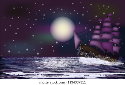 Tropical night card with sailing vessel , vector illustration