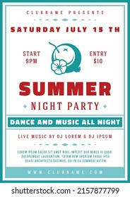 Tropical night club summer party poster template with coconut cocktail decorative design vector illustration. Exotic beach vacation resort music entertainment placard mockup with place for text