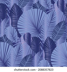 Tropical night foliage in Very Peri color of the 2022 year - periwinkle blue hue. Seamless pattern for print and web. 