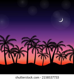 Tropical night forest hand drawn style for fashion fabric , wallpaper, and all prints. Palms, moon and stars.